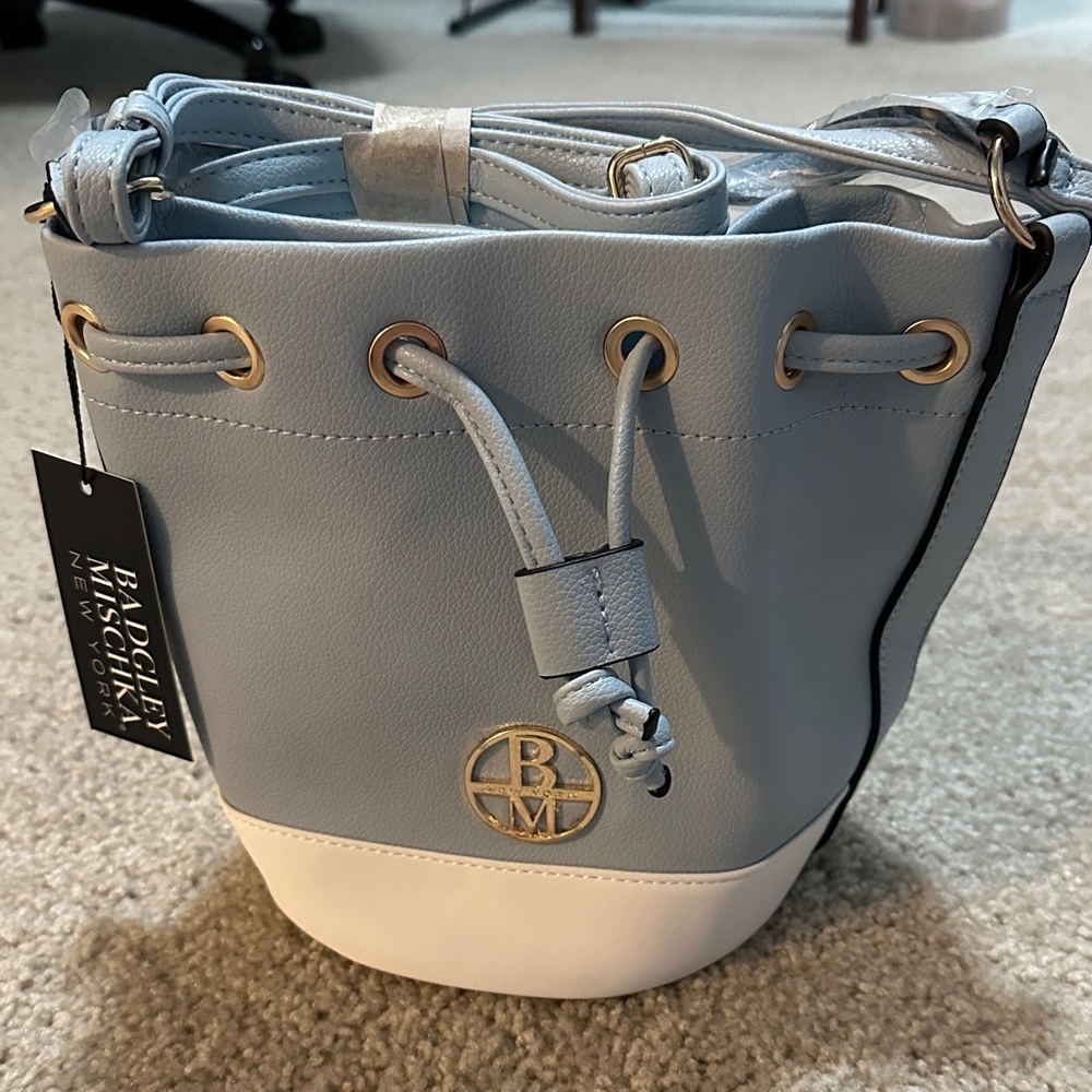 Badgley Mischka Blue and White Bucket Bag